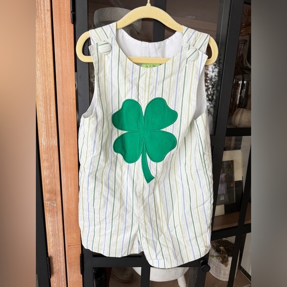 St. Patricks Day four leaf clover jon jon romper smock appliqué baby boy stripes - Picture 1 of 8